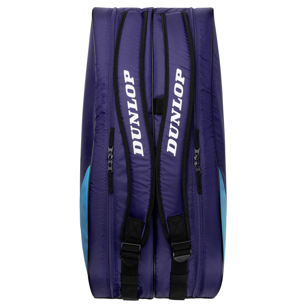 Top image of Dunlop FX Club 10 Racketbag, showing the bag shape, multiple compartments and violet, cyan blue details