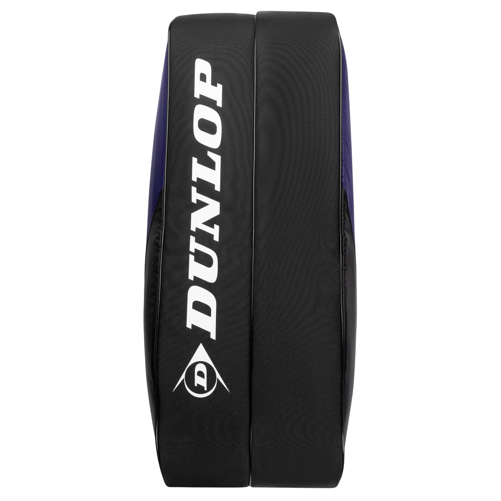 Bottom view of Dunlop FX Club 6 Racketbag in violet, cyan blue and black, highlighting the base and bag construction.