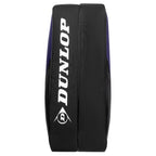 Bottom view of Dunlop FX Club 6 Racketbag in violet, cyan blue and black, highlighting the base and bag construction.