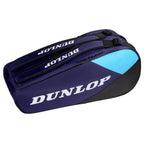 Front view of Dunlop FX Club 6 Racketbag in violet, cyan blue and black, highlighting its colourful front design.