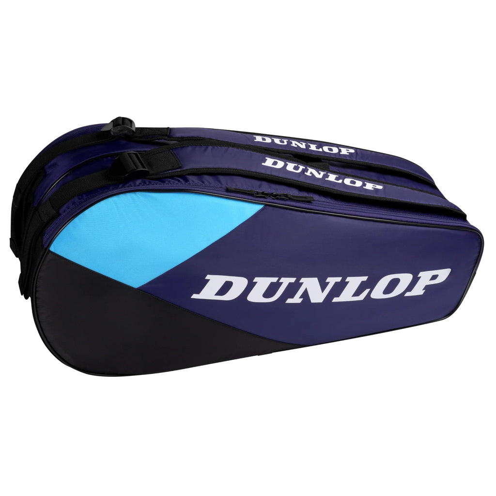 Back view of Dunlop FX Club 6 Racketbag, highlighting the air mesh shoulder straps and violet, cyan blue and black design.