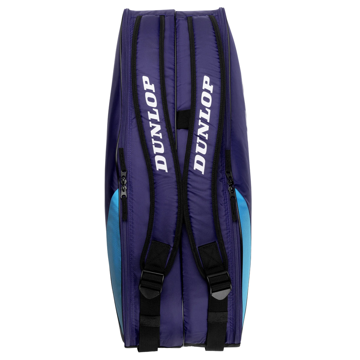 Top view of Dunlop FX Club 6 Racketbag, highlighting the bag's upper shape and violet, cyan blue and black colourway.