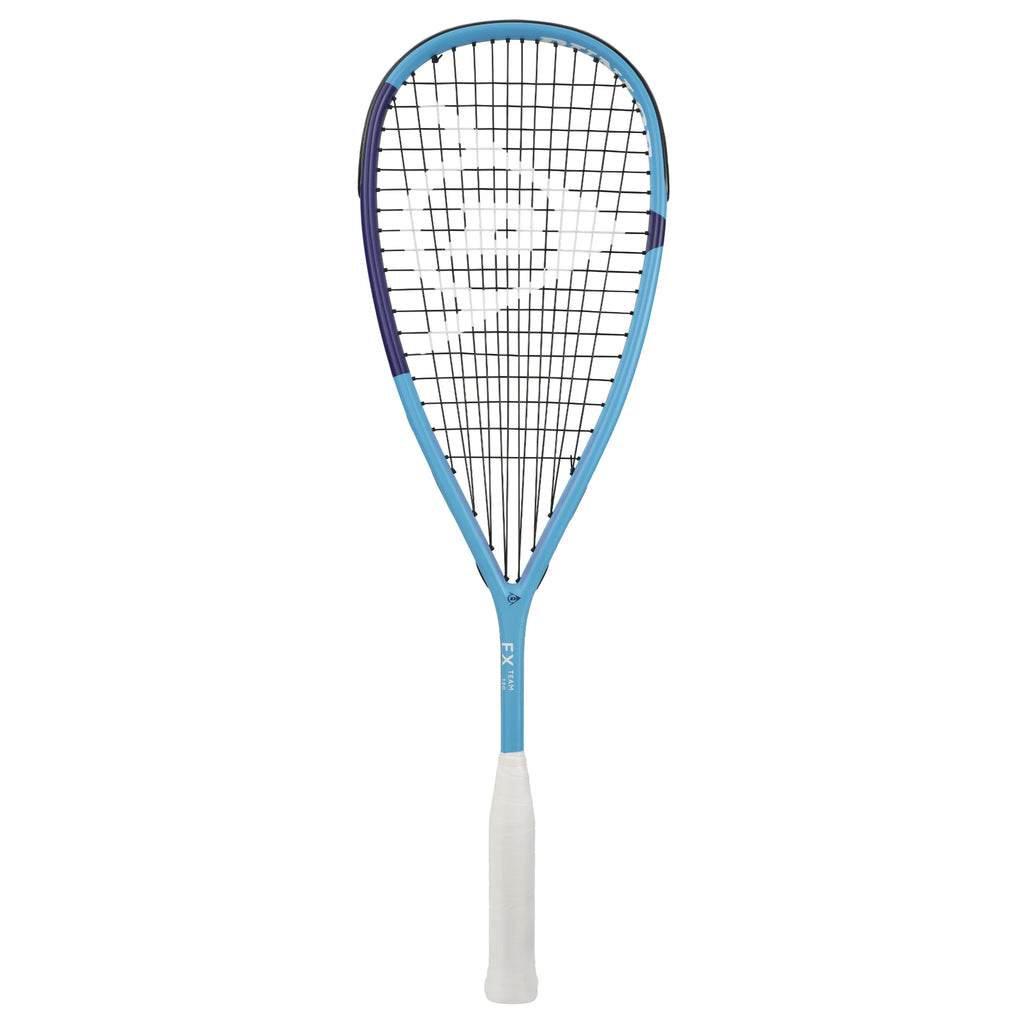 Front image of Dunlop FX Team 130 Squash Racket, showing 500cm² head and 14x18 string pattern, highlighting frame shape