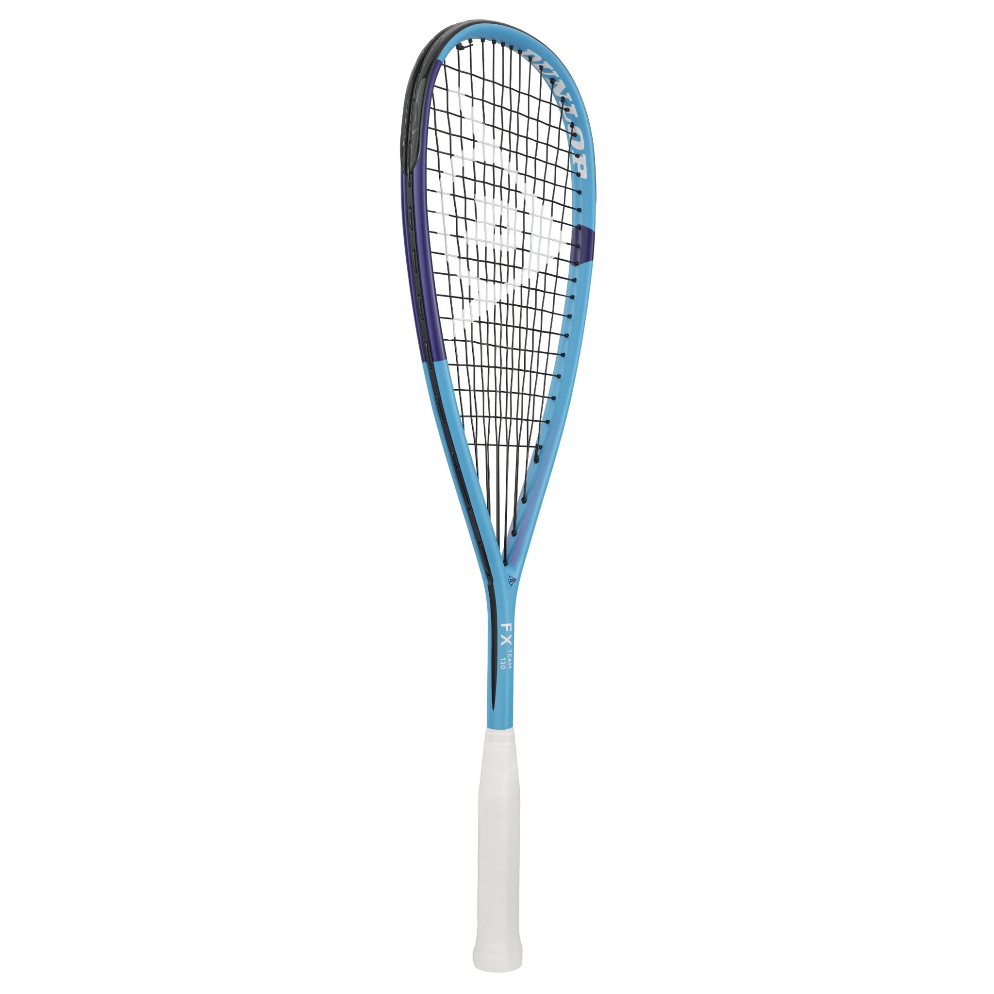 Side image of Dunlop FX Team 130 Squash Racket, showing 130g frame and extra head light balance, highlighting slim profile