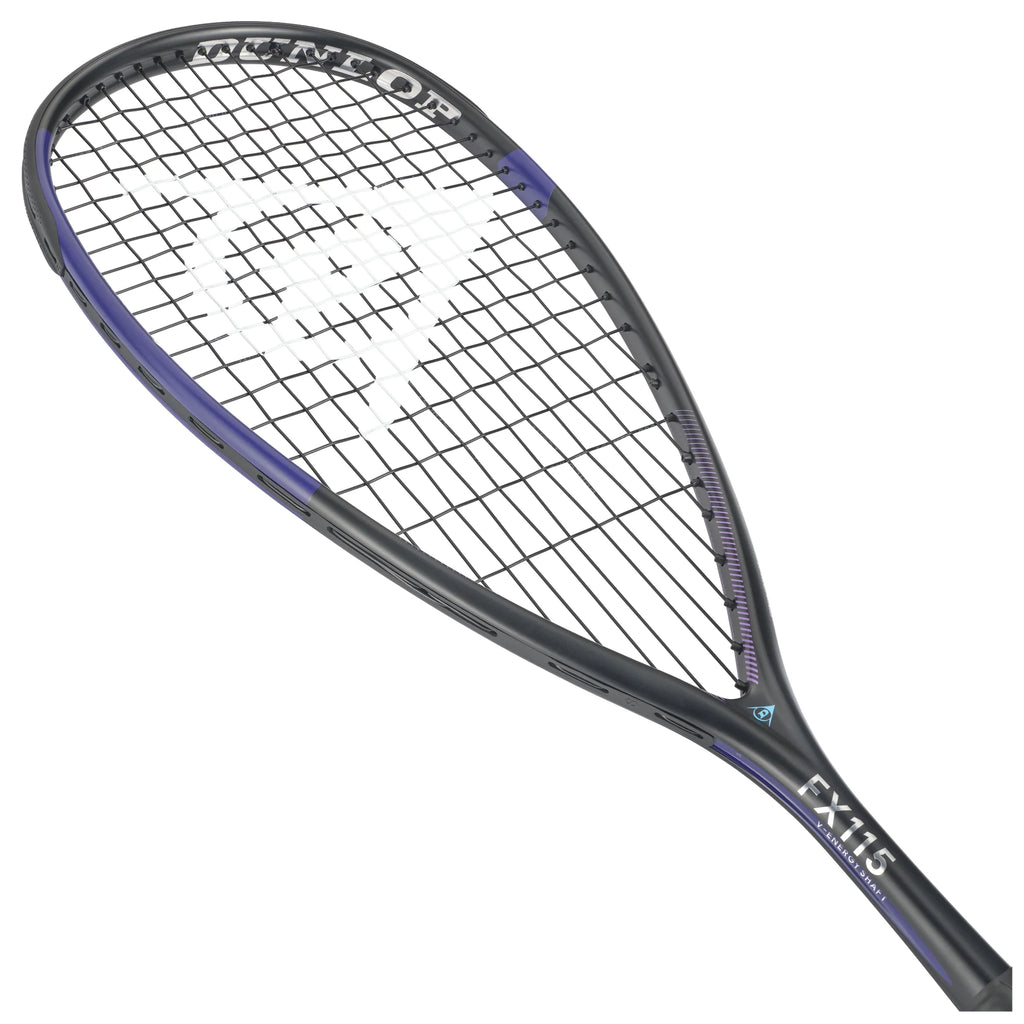 Head image of Dunlop FX 115 Squash Racket 2026 model, highlighting the 500cm² head size and 14x18 string pattern