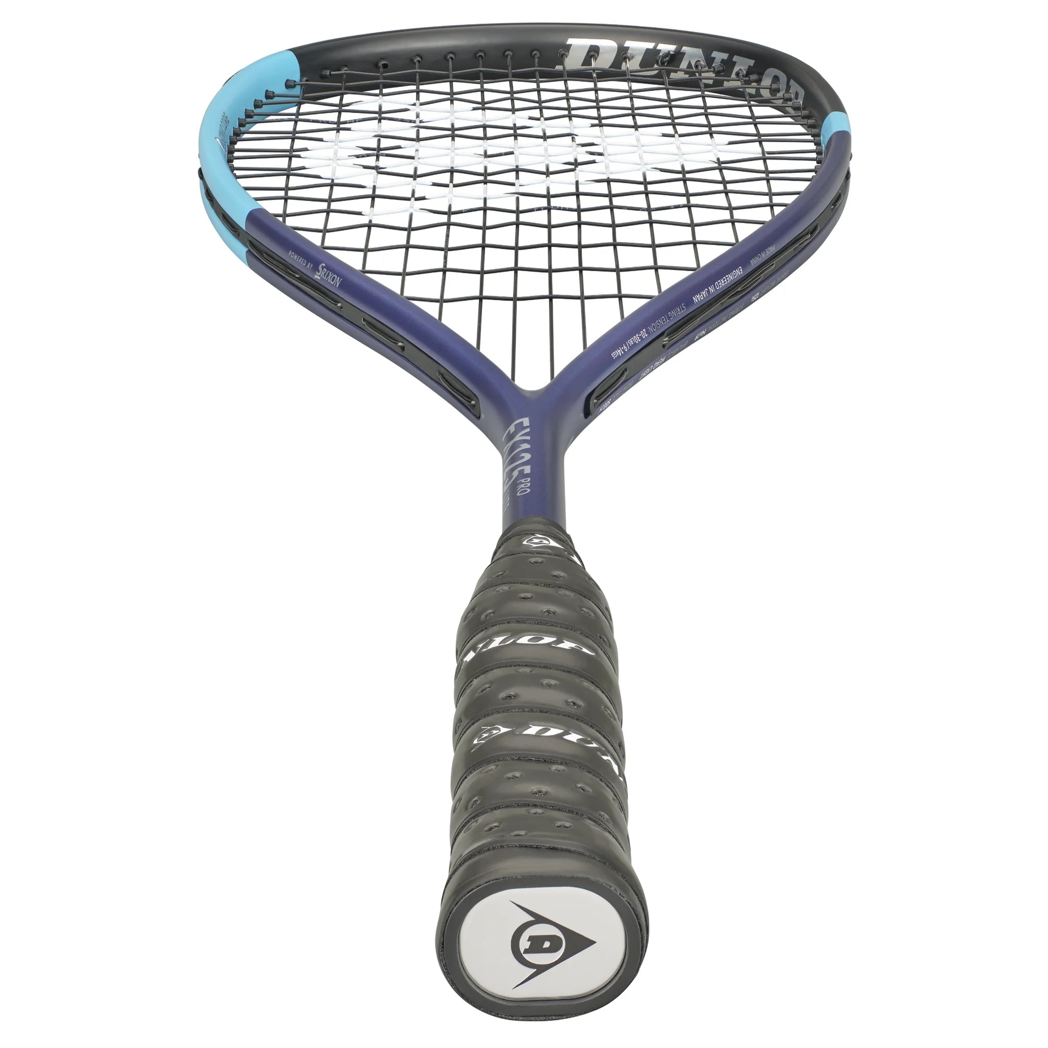 Bottom view of Dunlop FX 125 Pro Lite Squash Racket 2026 model, highlighting the racket handle base and lower frame detail