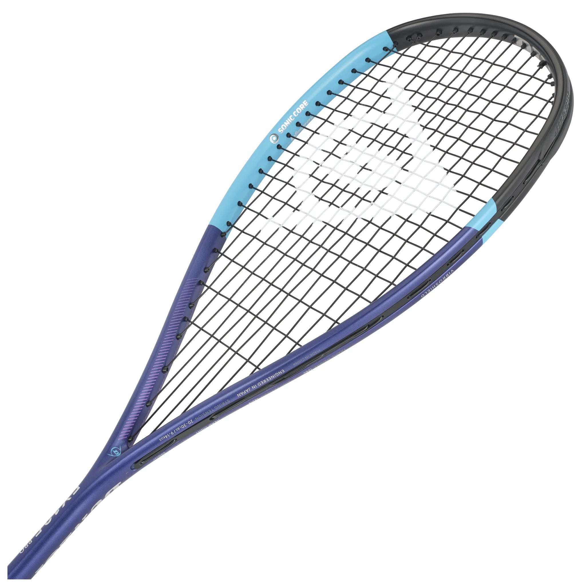 Head view of Dunlop FX 125 Pro Lite Squash Racket 2026 model, highlighting the 500cm² head and 14x19 string pattern