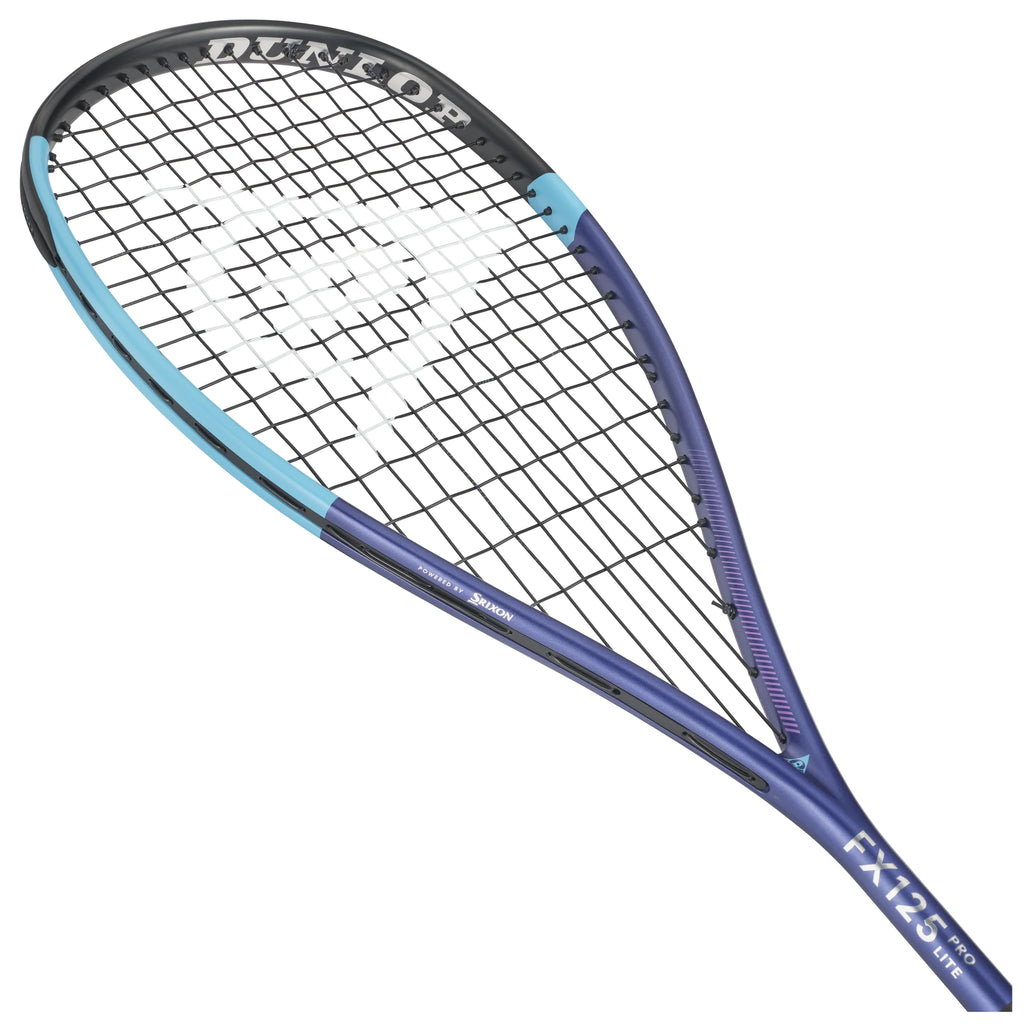 Opposite head view of Dunlop FX 125 Pro Lite Squash Racket 2026 model, highlighting the head profile and 14x19 pattern