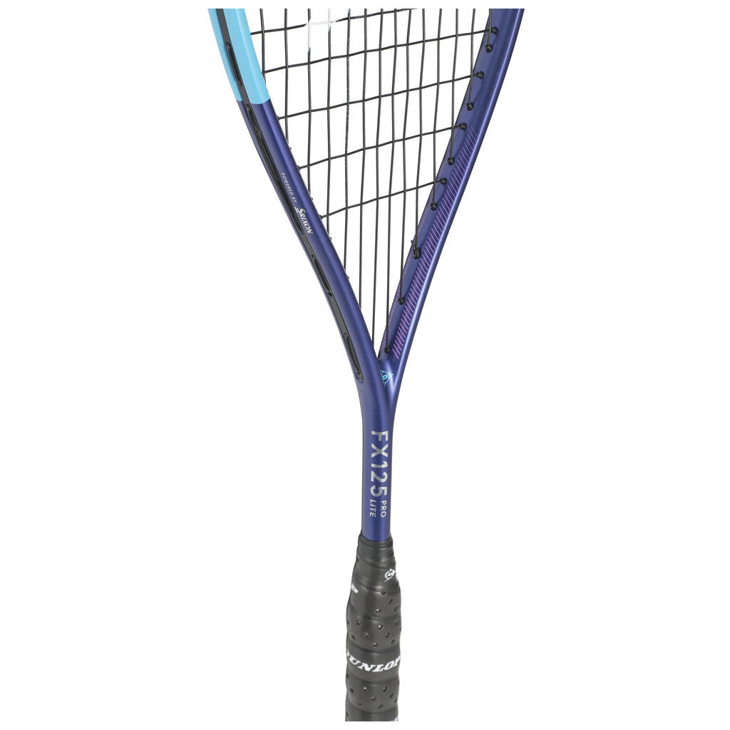 Shaft view of Dunlop FX 125 Pro Lite Squash Racket 2026 model, highlighting the shaft detail and head-light design