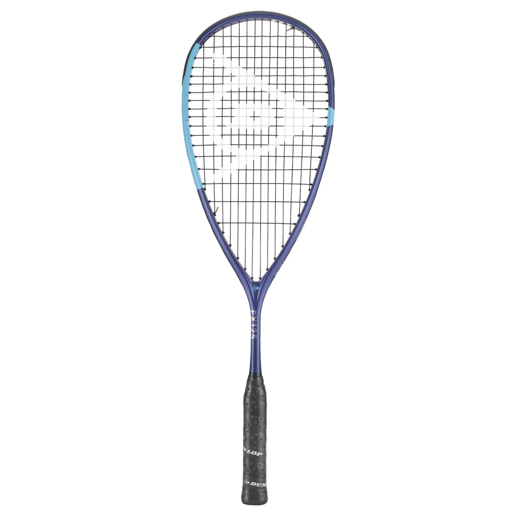 Front image of Dunlop FX 125 Squash Racket 2026 model, highlighting 500cm² head and Extra Head Light balance