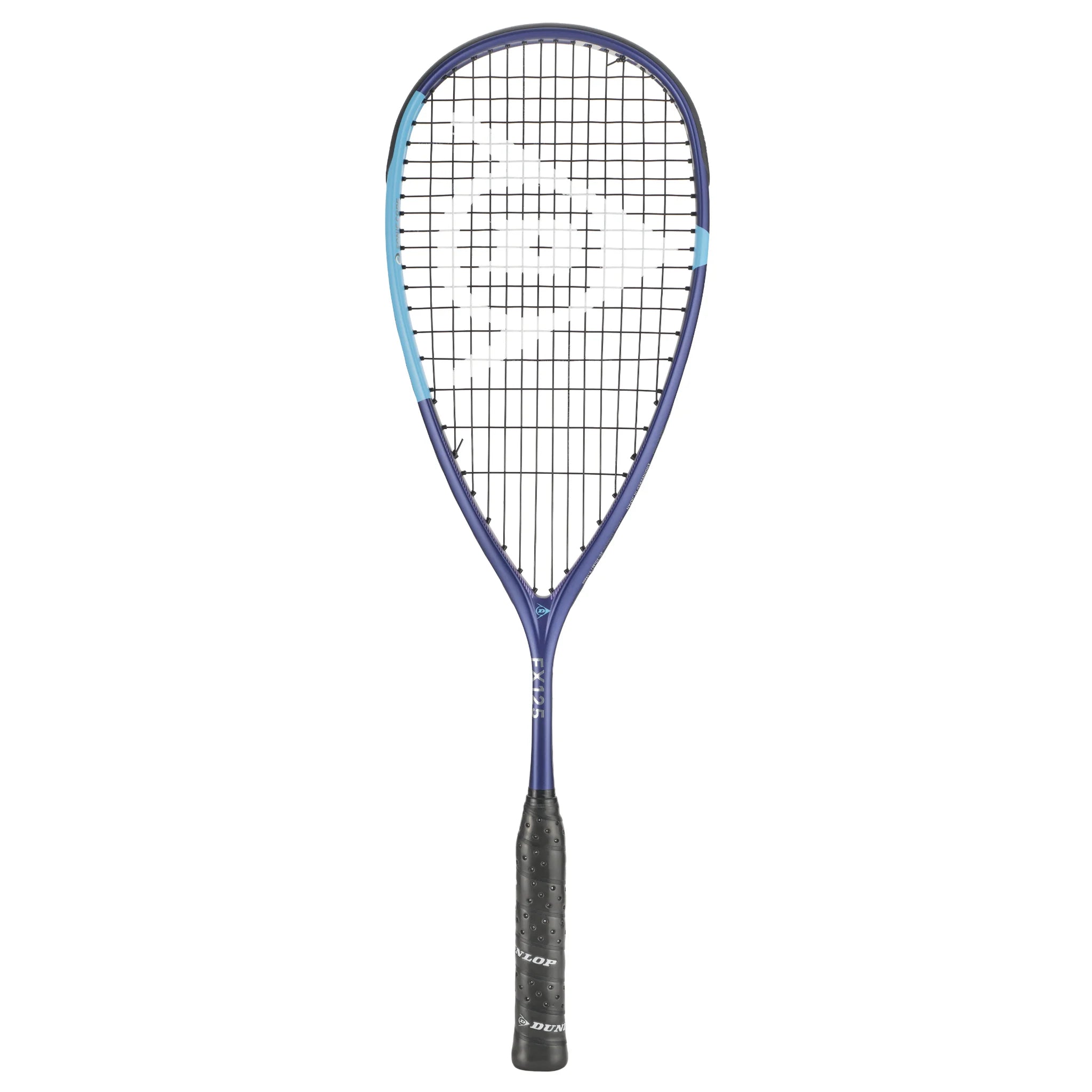 Front image of Dunlop FX 125 Squash Racket 2026 model, highlighting 500cm² head and Extra Head Light balance