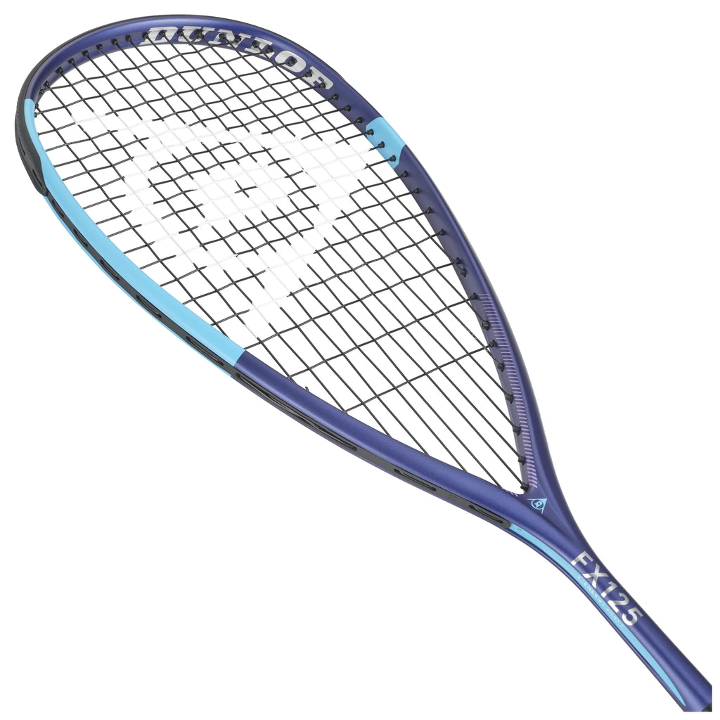 Head image of Dunlop FX 125 Squash Racket 2026 model, highlighting 500cm² head size and 14x18 string pattern