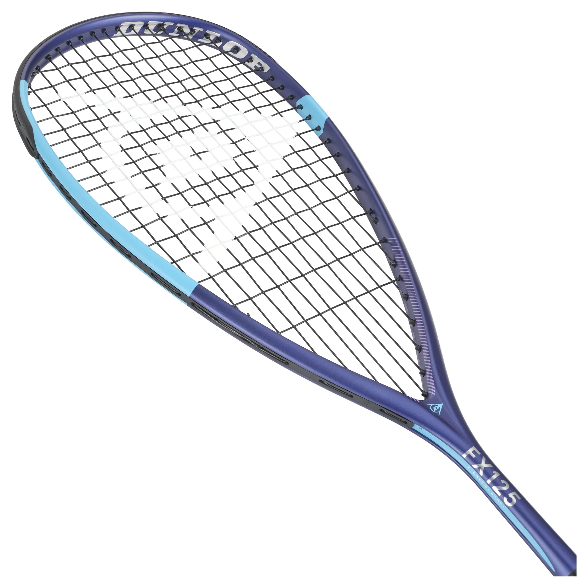 Head image of Dunlop FX 125 Squash Racket 2026 model, highlighting 500cm² head size and 14x18 string pattern