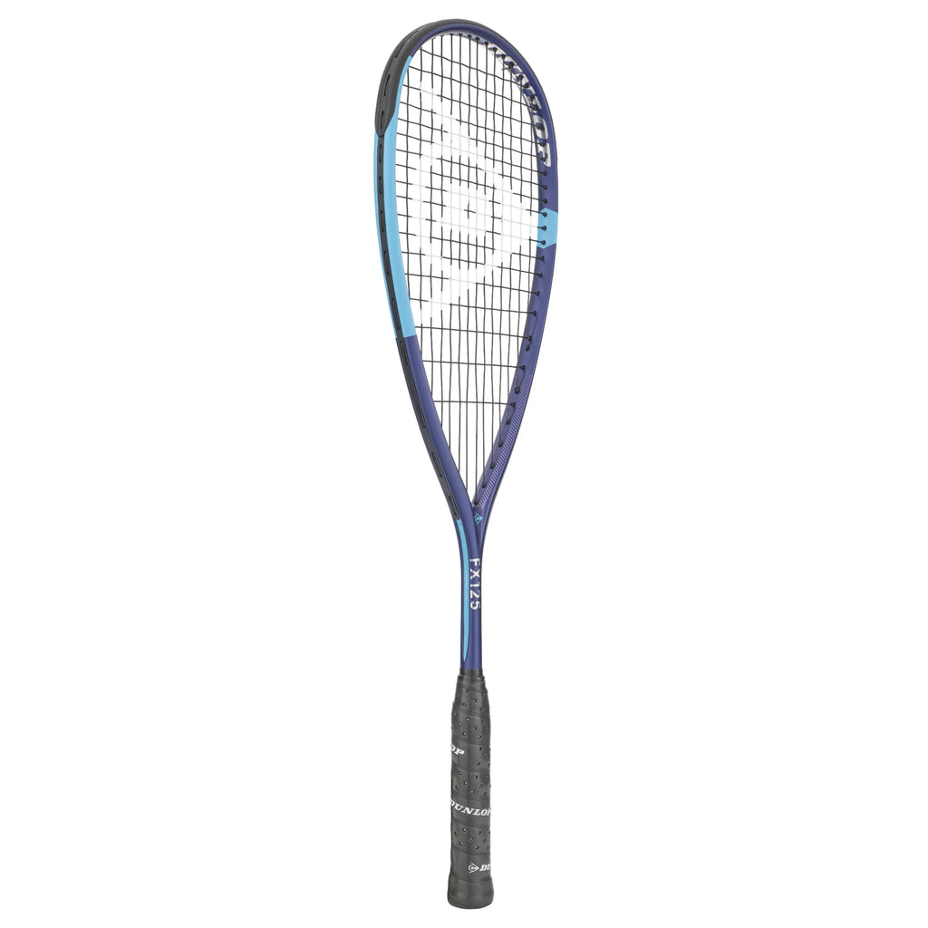 Side image of Dunlop FX 125 Squash Racket 2026 model, highlighting 125g frame weight and thicker aero beam