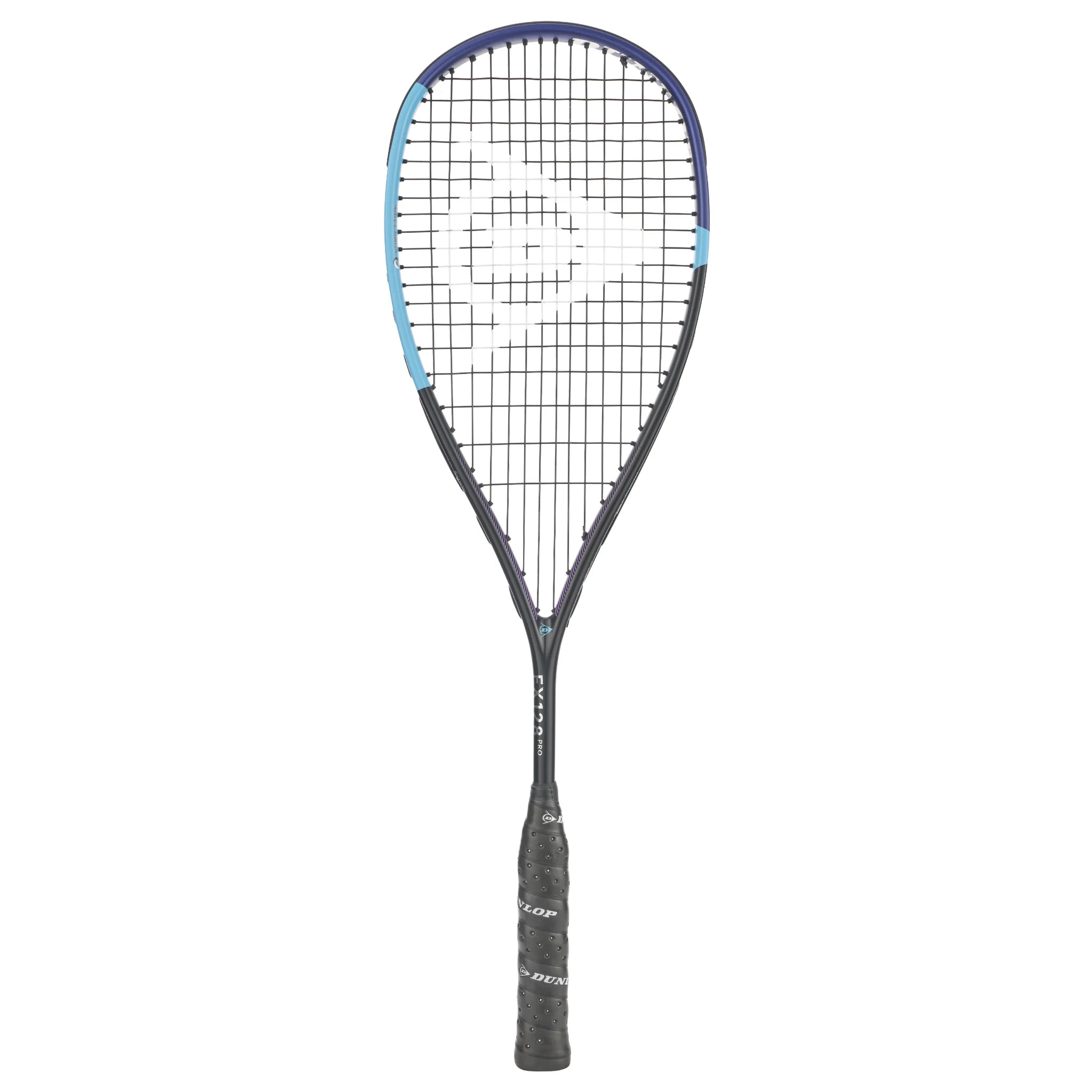 Front image of Dunlop FX 128 Pro Squash Racket 2026 model with 500cm² head, highlighting the open-throat frame shape