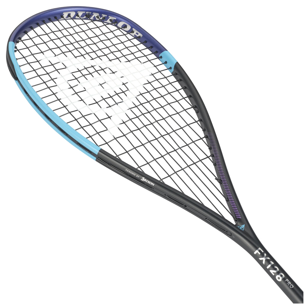 Head image of Dunlop FX 128 Pro Squash Racket 2026 model with 14x19 string pattern, highlighting the 500cm² head
