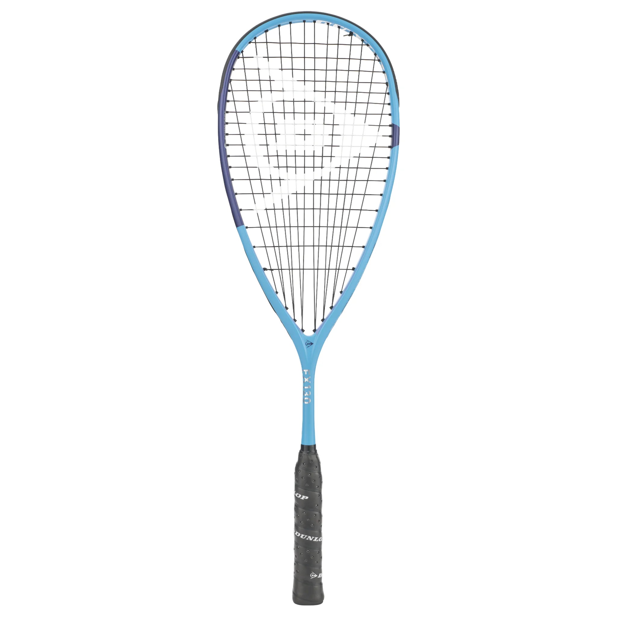 Front image of Dunlop FX 130 Squash Racket 2026 model, 130g frame and 500cm² head, highlighting the full racket design