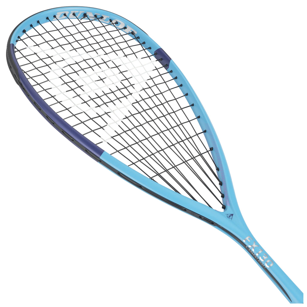 Opposite head image of Dunlop FX 130 Squash Racket 2026 model with PowerMax pattern, highlighting the head design