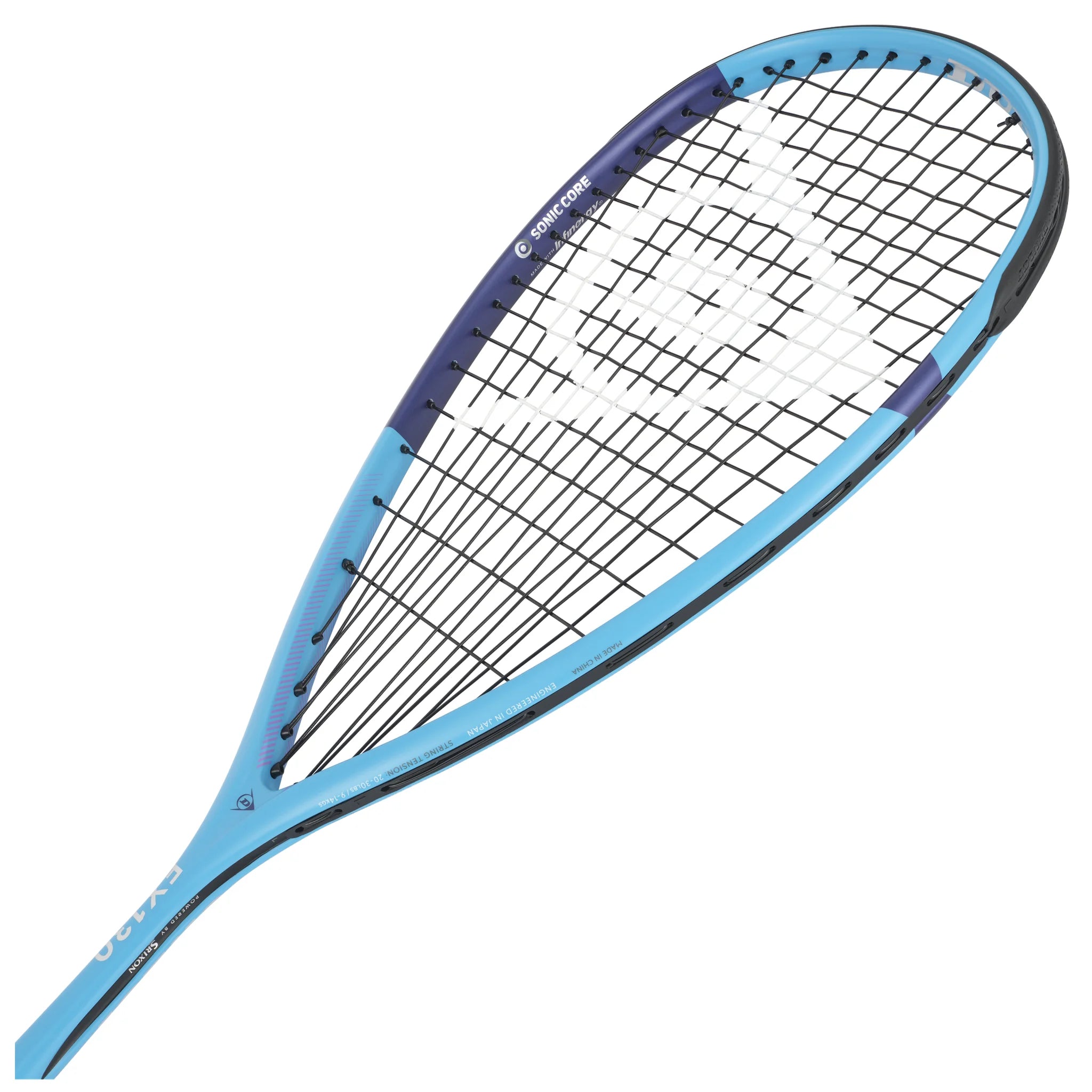 Head image of Dunlop FX 130 Squash Racket 2026 model, 500cm² head and 14x18 pattern, highlighting the string bed