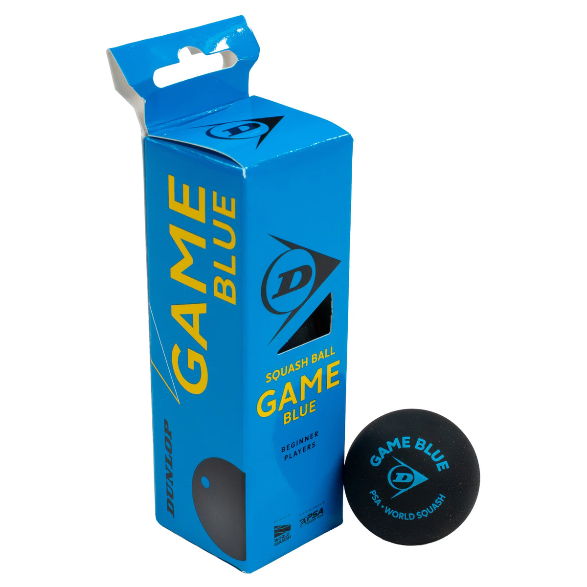 Product image of Dunlop Game Blue Squash Ball – 3 Ball Box, highlighting the box and single blue dot ball beside it