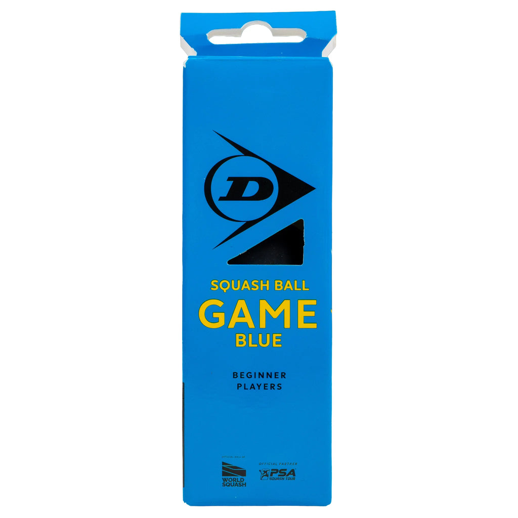 Product image of Dunlop Game Blue Squash Ball – 3 Ball Box, highlighting the three-ball retail box packaging