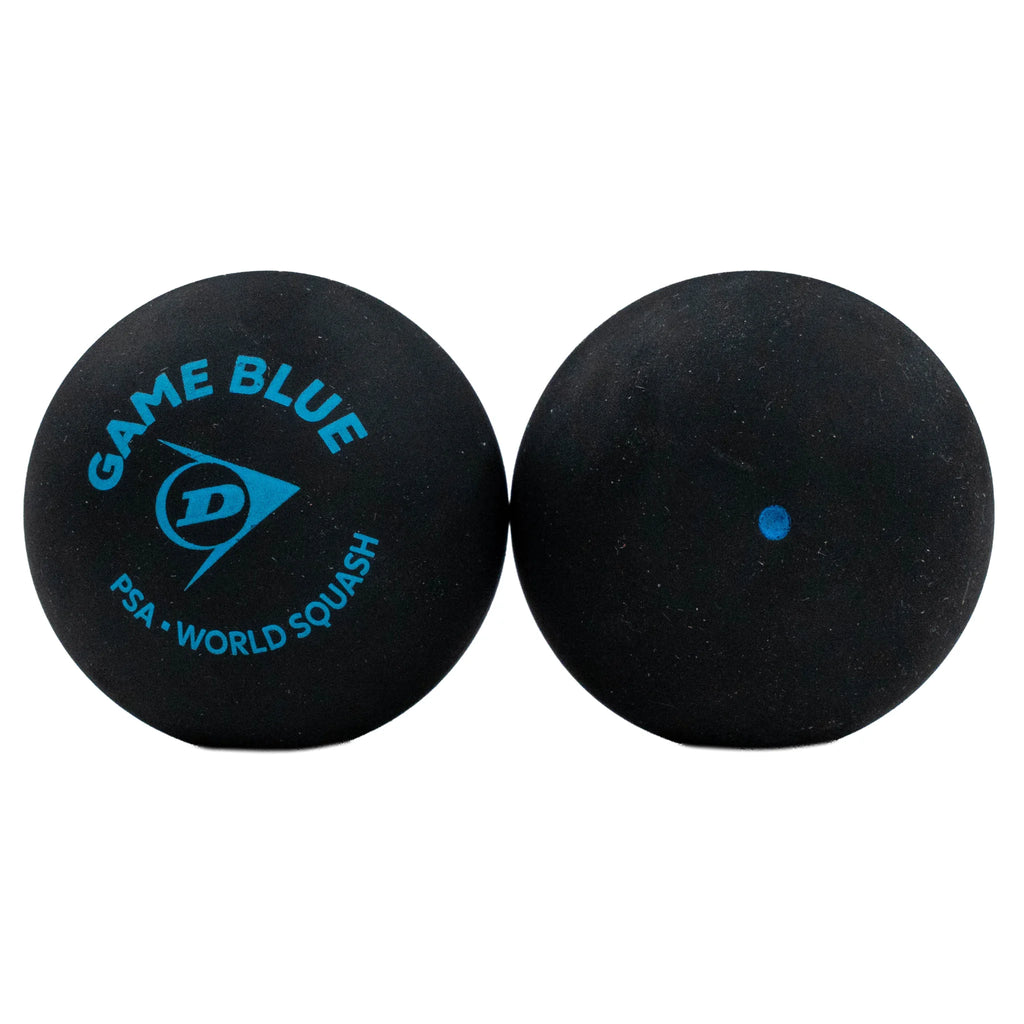 Product image of Dunlop Game Blue Squash Ball, highlighting two balls with the Dunlop logo and single blue dot