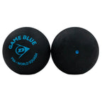 Product image of Dunlop Game Blue Squash Ball, highlighting two balls with the Dunlop logo and single blue dot