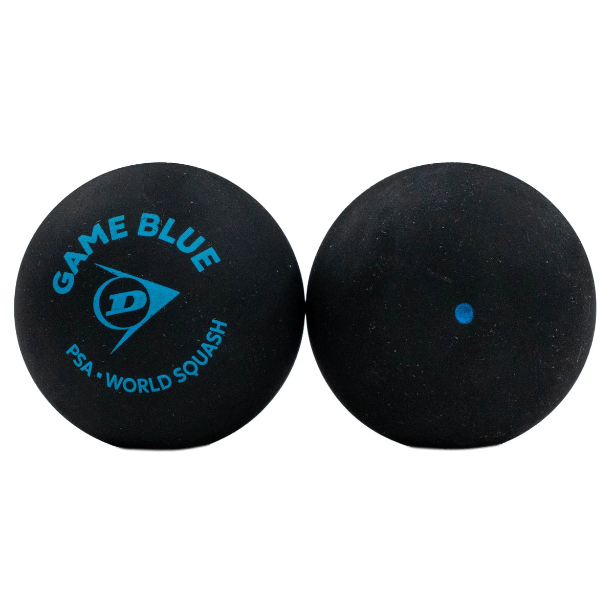 Product image of Dunlop Game Blue Squash Ball, highlighting two balls with the Dunlop logo and single blue dot