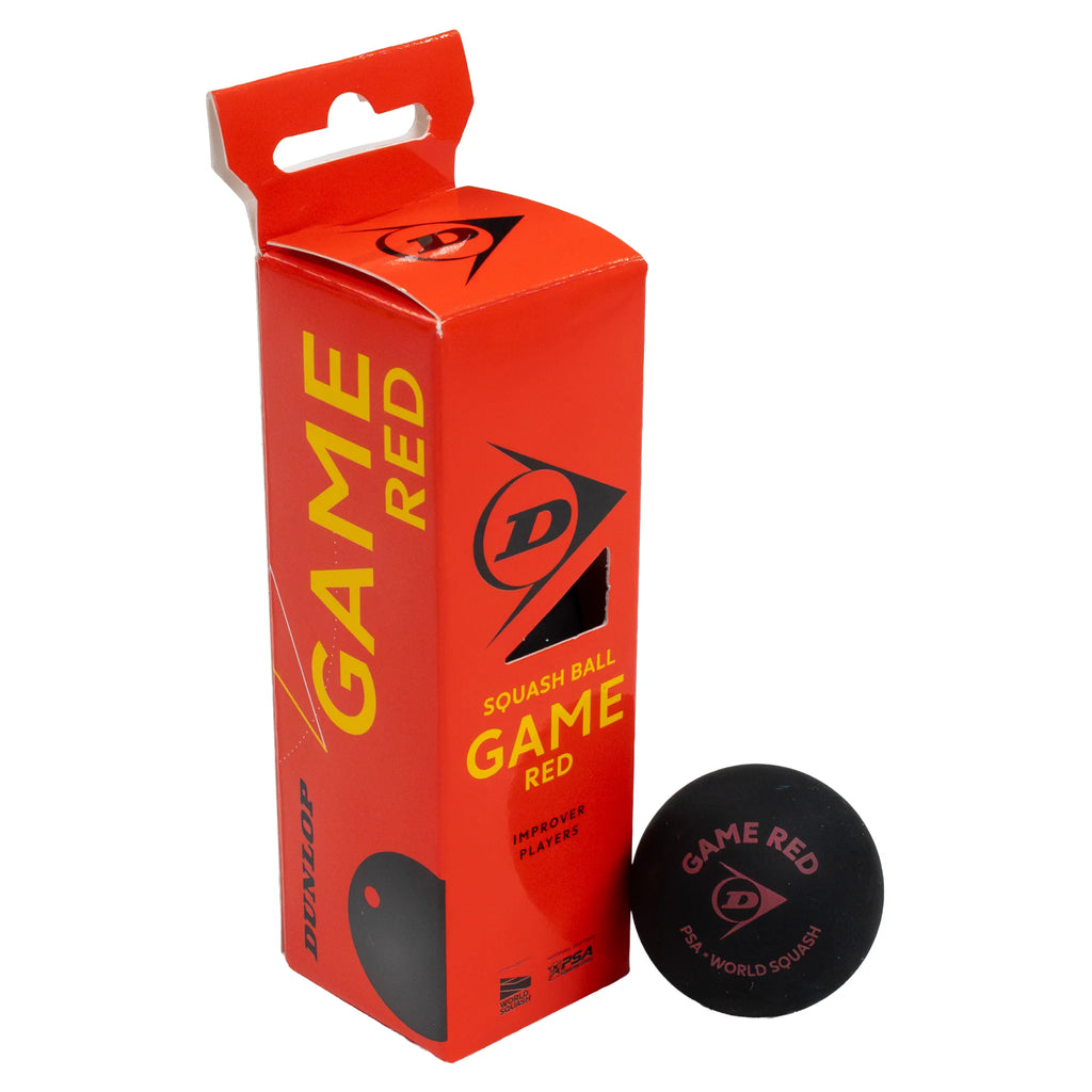 Product image of Dunlop Game Blue Squash Ball – 3 Ball Box with one ball beside the box, highlighting retail pack