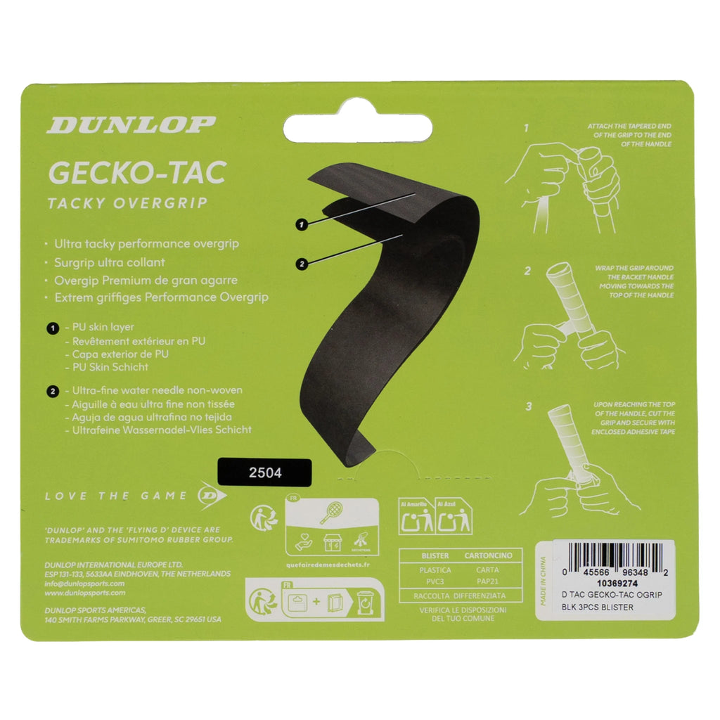Back image of Dunlop Gecko-Tac Black Overgrip 3 Pack with moisture absorption, highlighting the pack's product information
