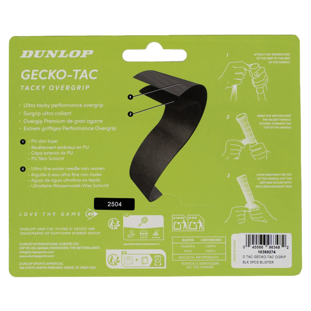 Back image of Dunlop Gecko-Tac Black Overgrip 3 Pack with moisture absorption, highlighting the pack's product information
