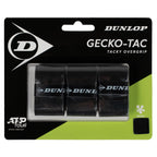 Front image of Dunlop Gecko-Tac Black Overgrip 3 Pack with an ultra-tacky surface, highlighting the three-pack format