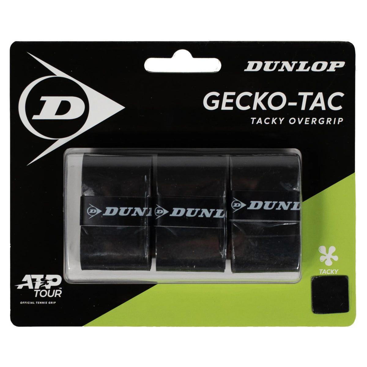 Front image of Dunlop Gecko-Tac Black Overgrip 3 Pack with an ultra-tacky surface, highlighting the three-pack format