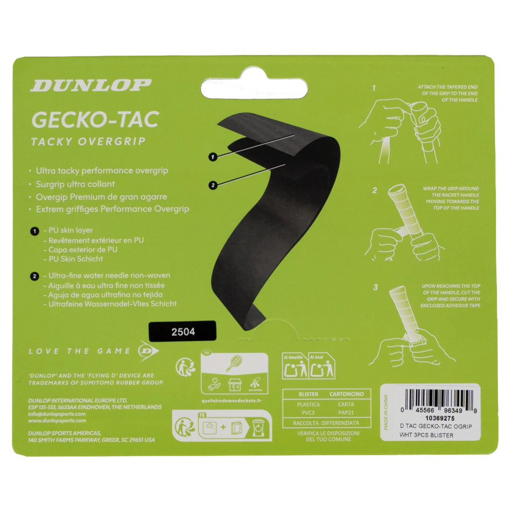Back image of Dunlop Gecko-Tac White Overgrip 3 Pack with moisture absorption, highlighting the pack's product information