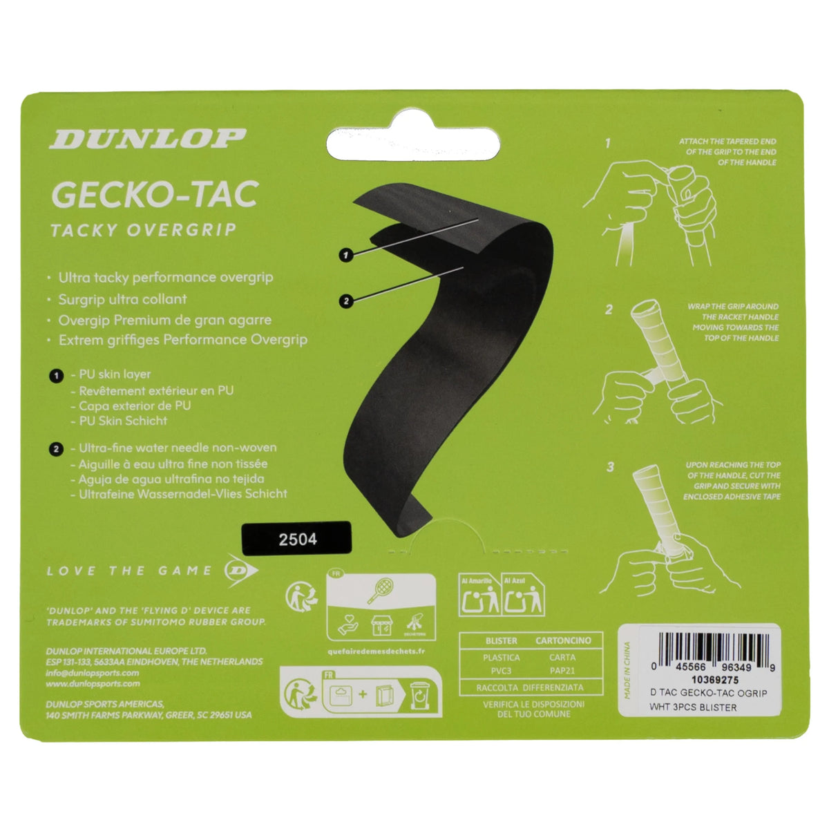 Back image of Dunlop Gecko-Tac White Overgrip 3 Pack with moisture absorption, highlighting the pack's product information