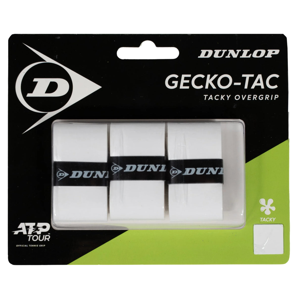 Front image of Dunlop Gecko-Tac White Overgrip 3 Pack with an ultra-tacky surface, highlighting the three-pack format