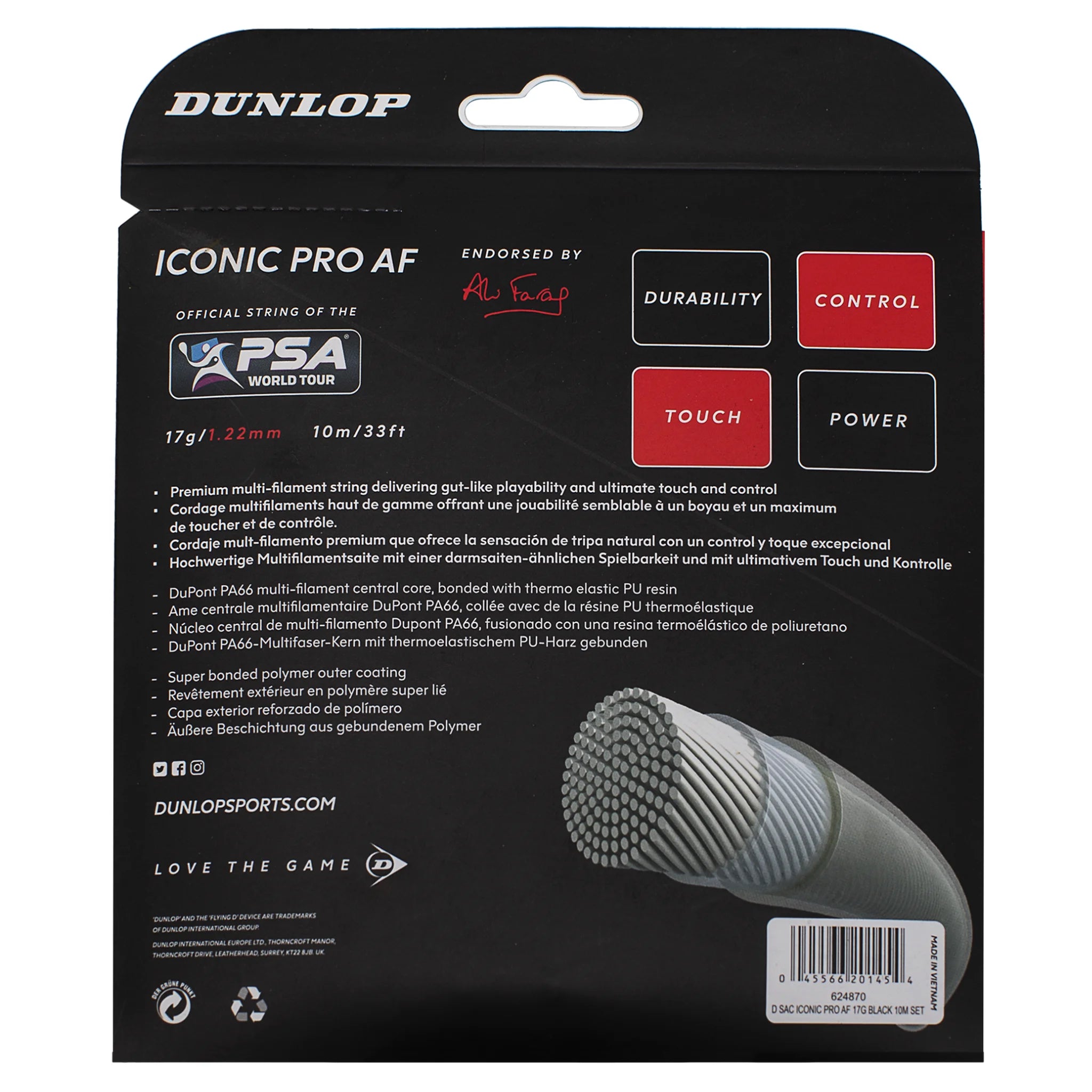 Back view of Dunlop Iconic Pro AF 1.22mm multifilament squash string pack