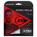 Front pack view of Dunlop Iconic Pro AF squash string 1.22mm 10m, highlighting black colourway and PSA tour branding.