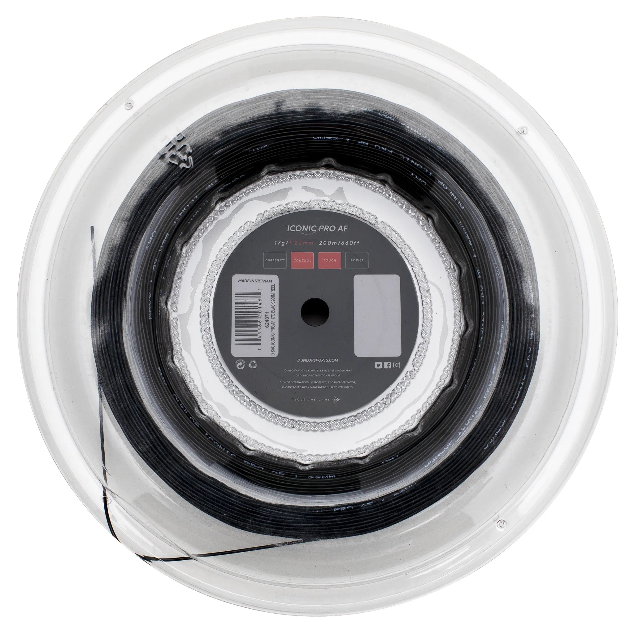Back pack view of Dunlop Iconic Pro AF squash string 1.22mm, 200m reel, highlighting specification panel and materials list