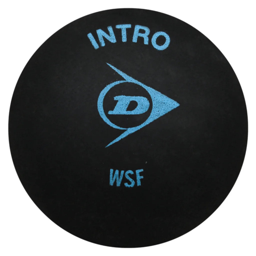 Close-up of Dunlop Intro squash ball, 12% larger, 40% longer hang time, highlighting matte black rubber surface and logo