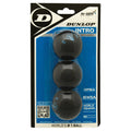 Front view of Dunlop Intro Squash Balls 3-ball blister pack, 12% larger and 40% longer hang time, highlighting packaging