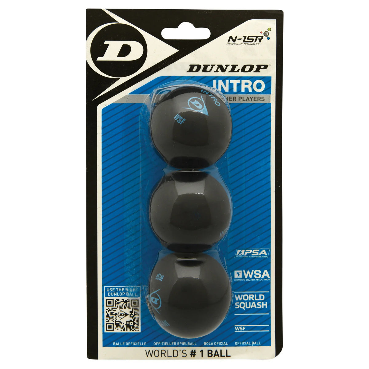 Front view of Dunlop Intro Squash Balls 3-ball blister pack, 12% larger and 40% longer hang time, highlighting packaging