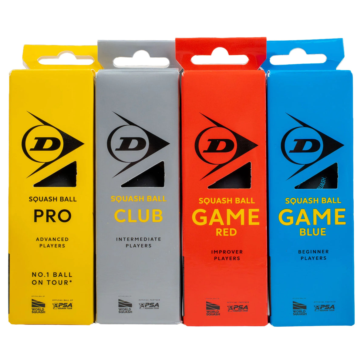 Pack image of Dunlop Mixed Squash Ball – 4 x 3 Ball Box, highlighting the four PRO, CLUB, GAME RED and GAME BLUE boxes.