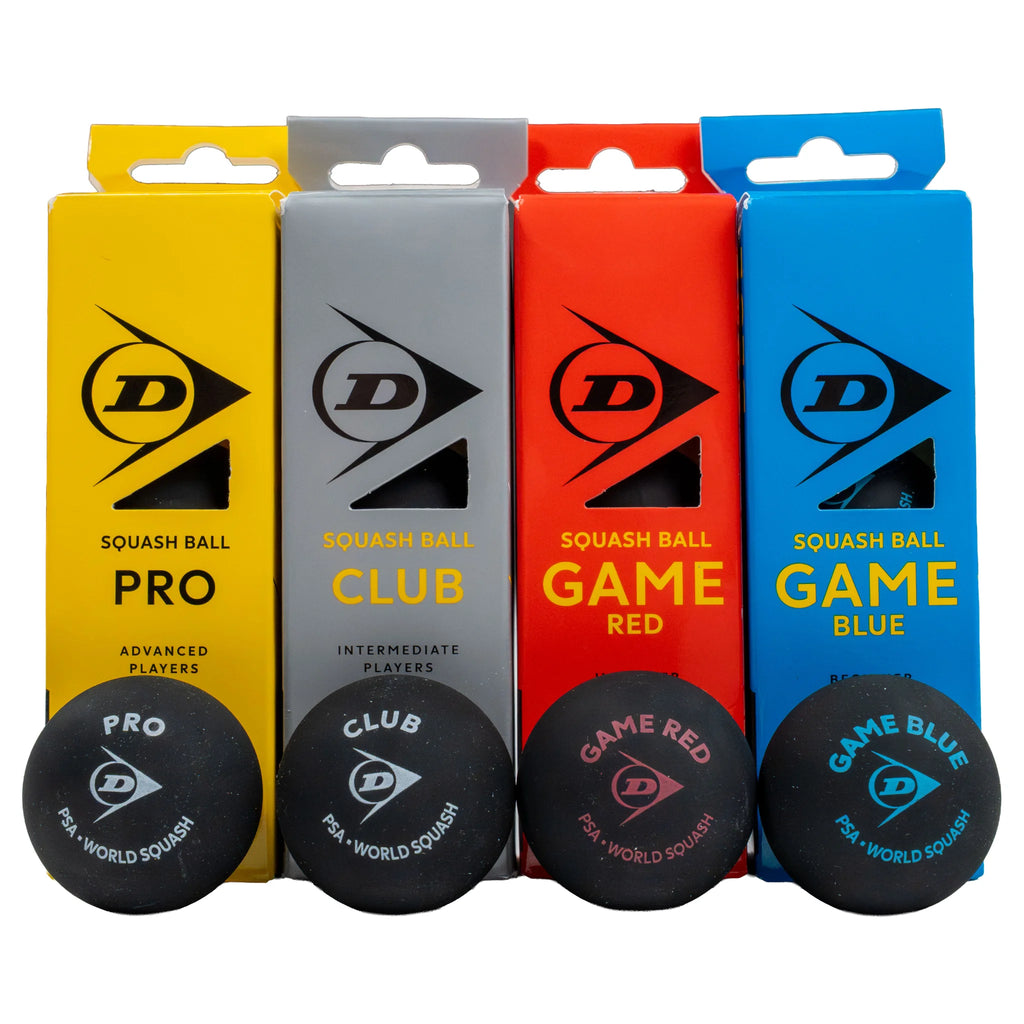 Product image of Dunlop Mixed Squash Ball – 4 x 3 Ball Box, highlighting the four PRO, CLUB, GAME RED and GAME BLUE boxes with its matching squash ball beside it.