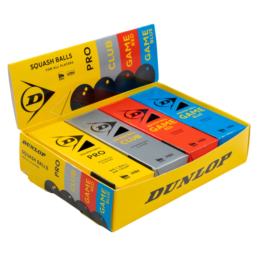 Pack image of Dunlop Mixed Squash Ball – 4 x 3 Ball Box, showing PRO, CLUB, GAME RED and GAME BLUE boxes together.