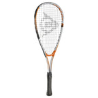 Angled view of Dunlop Play Mini squash racket from the CX Pro Sport Play Junior Squash Set, 190 g head light design with 500 cm² head size, highlighting frame shape.