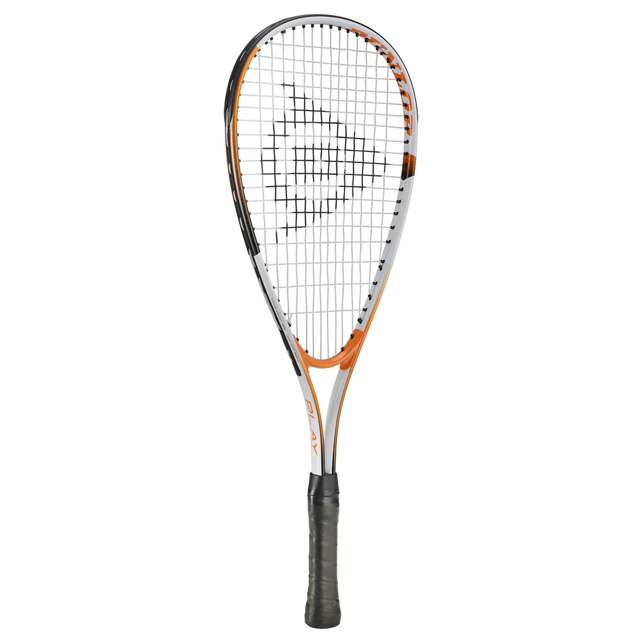 Angled view of Dunlop Play Mini squash racket from the CX Pro Sport Play Junior Squash Set, 190 g head light design with 500 cm² head size, highlighting frame shape.