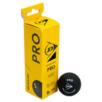 Product image of Dunlop Pro Squash Ball – 3 Ball box with single ball, highlighting the retail box and double yellow dot ball