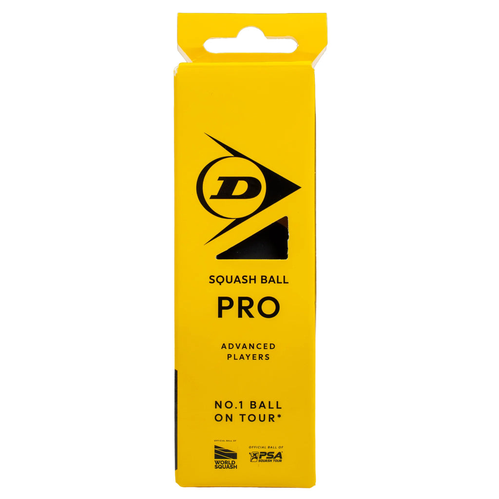 Box image of Dunlop Pro Squash Ball – 3 Ball box, double yellow dot, highlighting the three-ball retail packaging