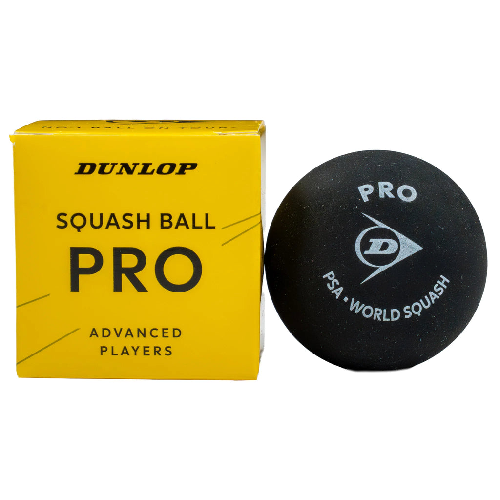 Product image of Dunlop Pro Squash Ball single ball box and ball, highlighting the double yellow dot ball beside the box.